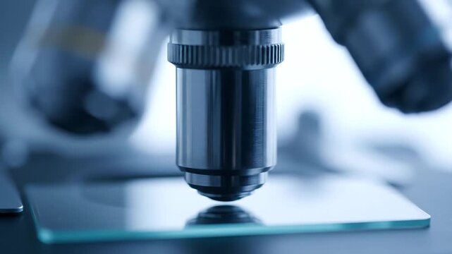 Cinematic close up of a microscope objective lens focusing on a scientific sample on a glass slide.