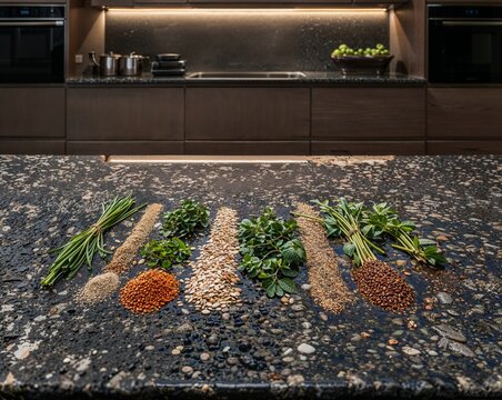 Assorted Whole Grains, Seeds and Fresh Herbs Arranged on Dark Stone Kitchen Counter, Healthy Plant Based Food Concept