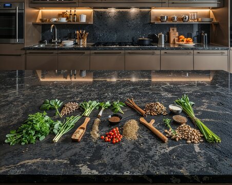 Natural Plant Based Ingredients with Whole Grains and Seeds on Dark Marble Countertop, Organic Nutrition Concept