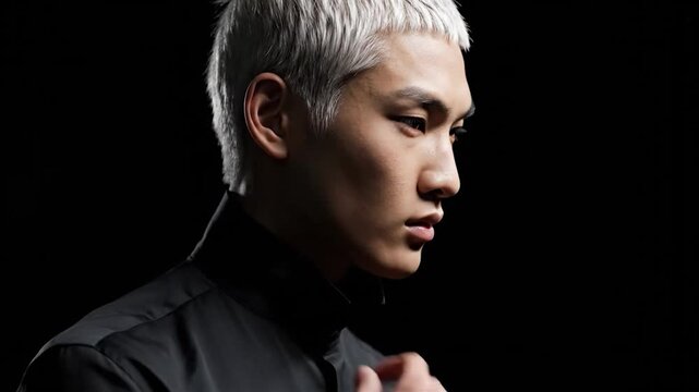 Young Asian man with white hair looking thoughtful in a dark setting.
