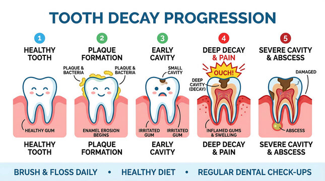 Infographic illustration showing the 5 stages of tooth decay progression from a healthy tooth to severe cavity and abscess. Cute cartoon dental health education poster with prevention tips.