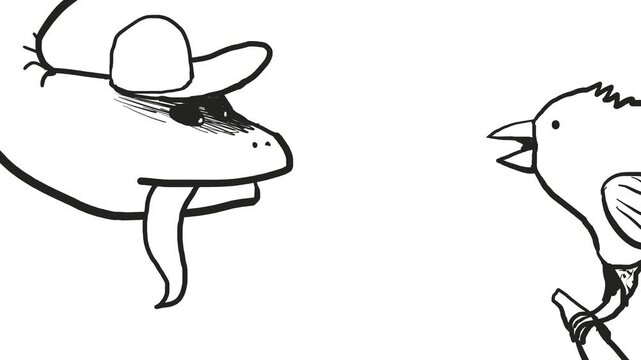 A snake with a long tongue and a cap on its head is talking about something with a bird sitting on a branch.