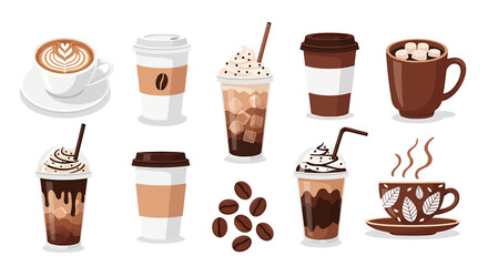 Various coffee drinks and cups on white background with coffee beans