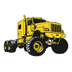 Yellow monster truck semi-trailer tractor, heavy duty vehicle, off-road transportation © Joni