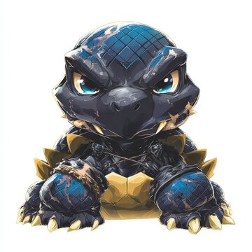 Cute chibi black tortoise creature with fierce blue eyes and golden shell accents