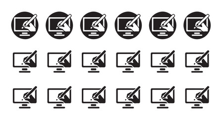 Creative pen tool design icons set with monitor, drawing hand and signature on screen