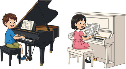 Cartoon Illustration of Boy Playing Grand Piano and Girl Playing Upright Piano, Young Musicians Practicing Music, Education, Art, Talent Concept © Shahanaj