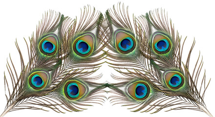Obraz premium Beautifully symmetrical arrangement of vibrant peacock feathers, showcasing their intricate eye patterns on a white background