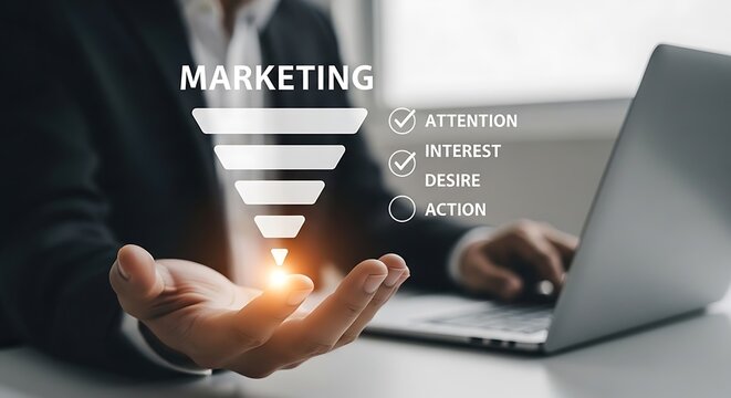 Professional businessman holding a marketing funnel diagram with aida model attention interest desire action stages on a modern laptop background.