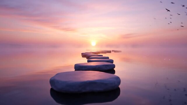 Stepping Stones Path Across Calm Water at Sunset.