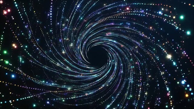 Swirling vortex of luminous particles creates a mesmerizing spiral pattern in a dark environment viewed from directly above