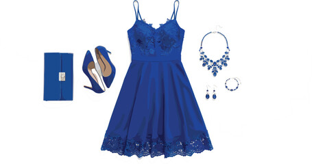 Elegant Royal Blue Women's Evening Outfit with Lace Cocktail Dress, Matching High Heels, Clutch Purse, and Luxury Sapphire Jewelry Set for Formal Occasions and Prom © Sharifa