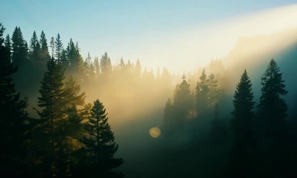 soft sunlight beam rising on the trees in the forest arial view.ai 