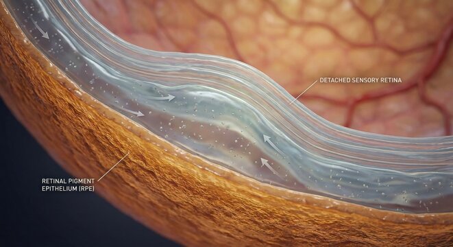 3D medical illustration of retinal detachment and RPE layer
