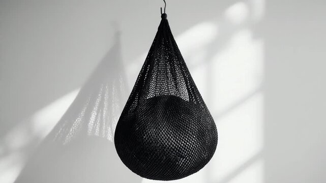 Mesh Ball Bag. Football Training Equipment Mockup (Functional & Educational). Grassroots Training. An empty black mesh ball-carrying bag hanging from a hook, swaying slightly, set against a white wall