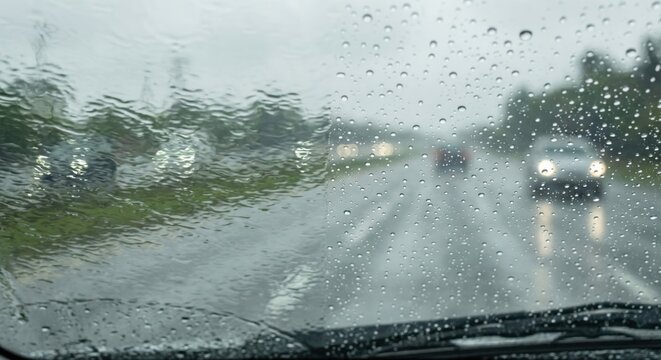 Rain beading on car windshield with hydrophobic coating comparison
