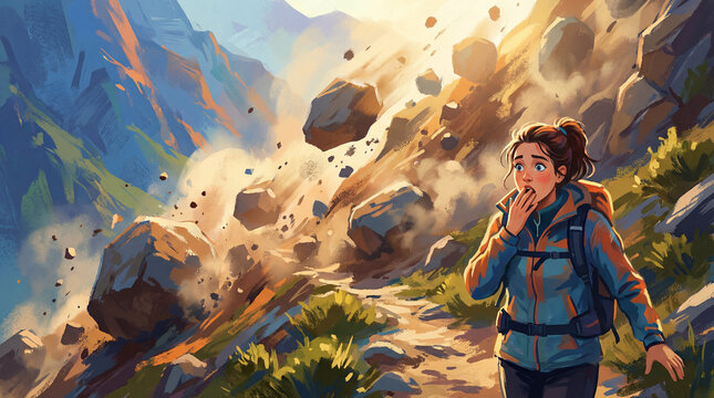 Woman hiker in shock during mountain rockfall on trail
