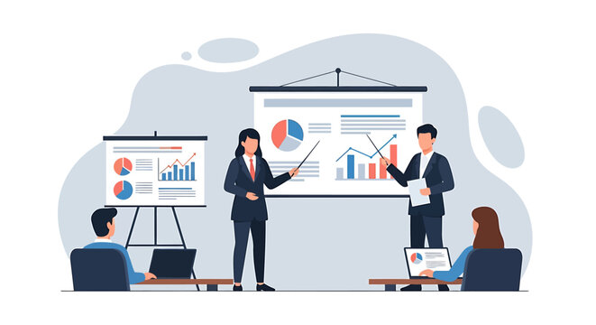 Business professionals presenting financial data charts during a meeting.