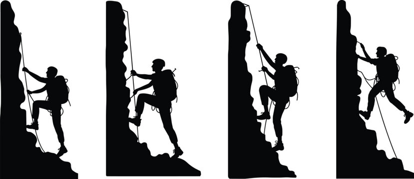 Motivational rock climbing vector illustration, man climbing mountain cliff with rope, perseverance, courage, strength, adventure, and success achievement concept silhouette design