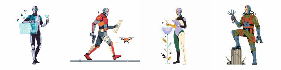 Naklejka premium Four unique robots and cyborgs in diverse roles: AI interaction, futuristic delivery, nature integration, and rugged exploration scenarios.