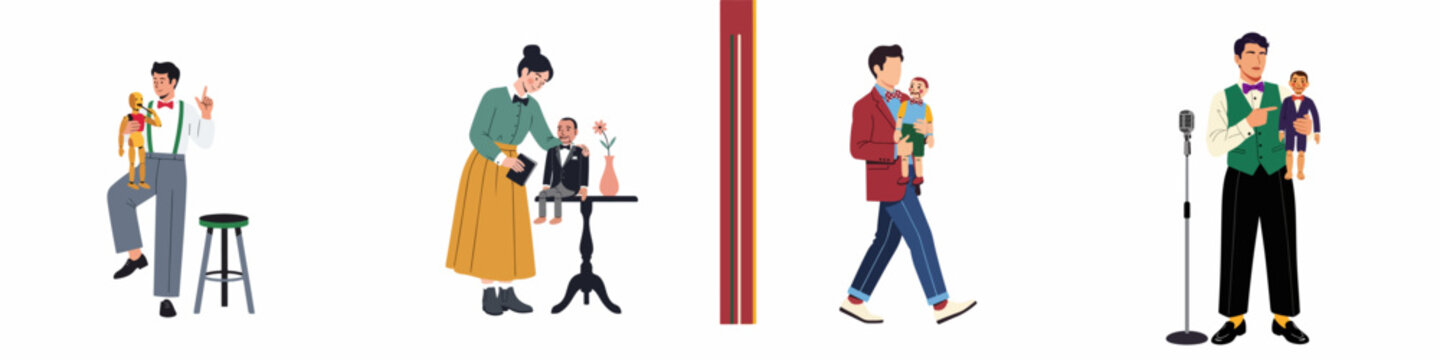 Ventriloquists and their puppets in various performance and creative settings.