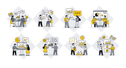 Fototapeta premium A set of vector illustrations depicting people working together in an office