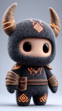 Cute chibi hell knight drink with glowing orange runes and horns