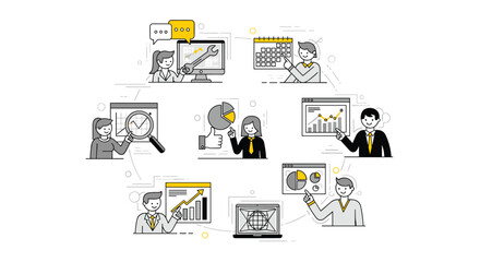 A minimalist vector graphic illustrating business people analyzing data on computers