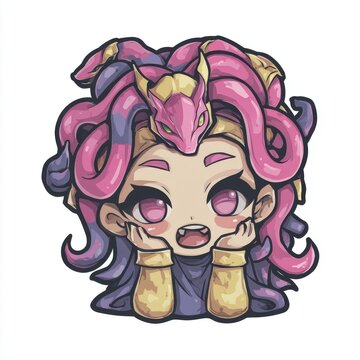 Cute chibi medusa character with pink and purple snakes and green eyes