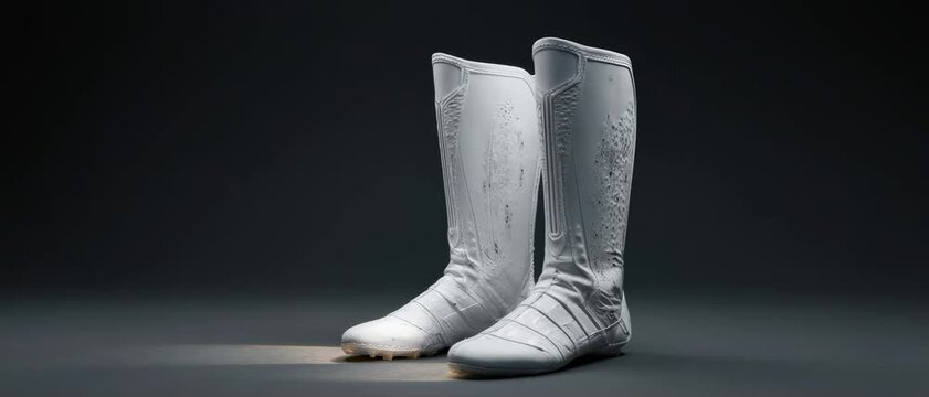 Shin Guard Pair. Football Training Equipment Mockup (Functional & Educational). Youth Development. White minimalist shin guards standing upright, set against a dark neutral background with lighting

