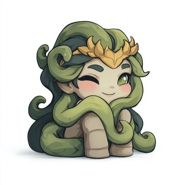 Cute chibi medusa with green serpent hair and golden crown, winking playfully