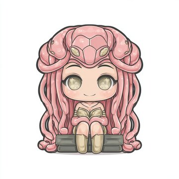 Cute chibi medusa with pink snake hair reading a book, fantasy character art