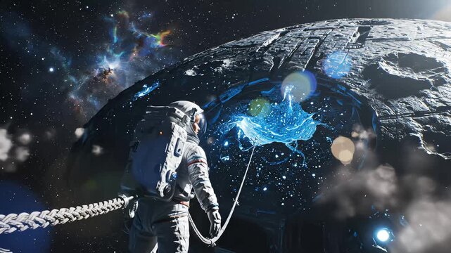 Astronaut performing a spacewalk tethered to a mysterious dark planet with blue energy core in deep space with nebula background