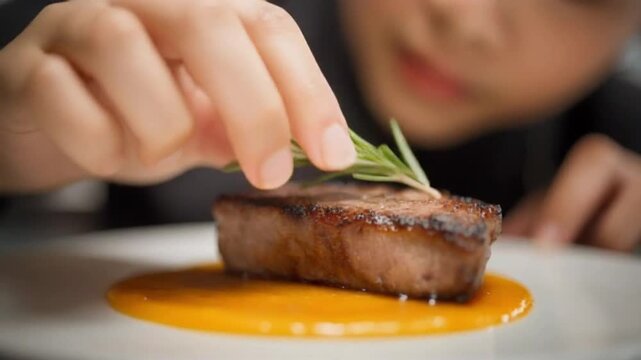Chef Plating Gourmet Steak with Yellow Sauce Fine Dining
