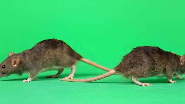 Two Brown Rats Meeting and Sniffing on Chroma Key Green Screen