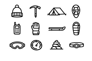 Winter camping and mountaineering equipment icons set including tent ice axe goggles and sleeping bag for outdoor adventure © PAPA STOCK