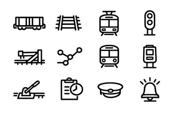Set of railway and train transportation line icons including tracks locomotive signal and station equipment on white background © PAPA STOCK
