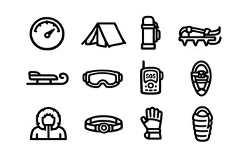 Winter camping and mountain expedition equipment icons set featuring tent sled goggles parka headlamp and sleeping bag on white background © PAPA STOCK
