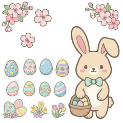 Fototapeta premium cute easter bunny with eggs and spring flowers illustration