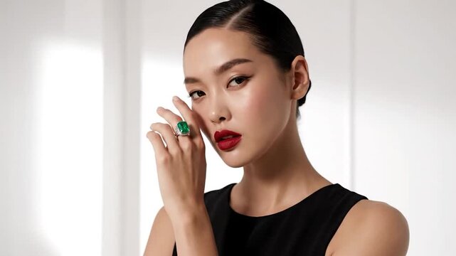Elegant woman with dark hair and striking makeup poses, showcasing a large emerald ring