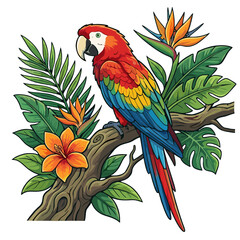 Obraz premium colorful scarlet macaw parrot on tropical branch with flowers