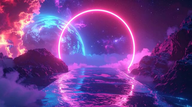Cyberpunk vista neon ring, planets, waterscape, and cosmic clouds
