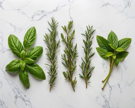 Fresh Green Herbs Including Rosemary Arranged on White Marble Background, Organic Culinary Ingredient Concept