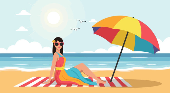 Woman Relaxing on Beach with Parasol.