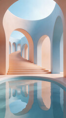Fototapeta premium Vertical surreal architectural background with a curving staircase and pool. Minimalist pastel pink and blue interior with arches and water reflections