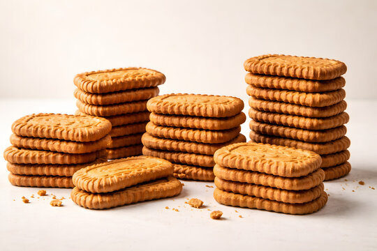 Crisp Biscoff cookies composition highlights rich caramel tones with minimalist studio setup for modern stock imagery