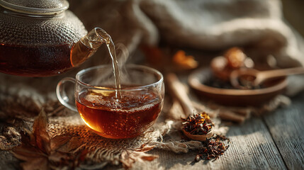 morning hot tea being poured from teapot into cup cozy still life autumn mood with wooden spoon tea leaves soft warm light healthy beverage