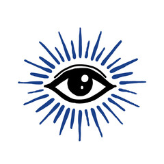 Hand drawn blue radiant eye doodle on black back © NAA