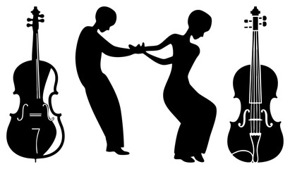 Black silhouette of cello with strings, dancing couple in romantic pose, vector art, musical performance, elegant movement, stylized, classical music, dance illustration.