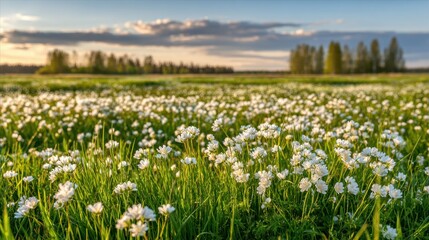 Fototapeta premium A field of white wildflowers in bright green grass